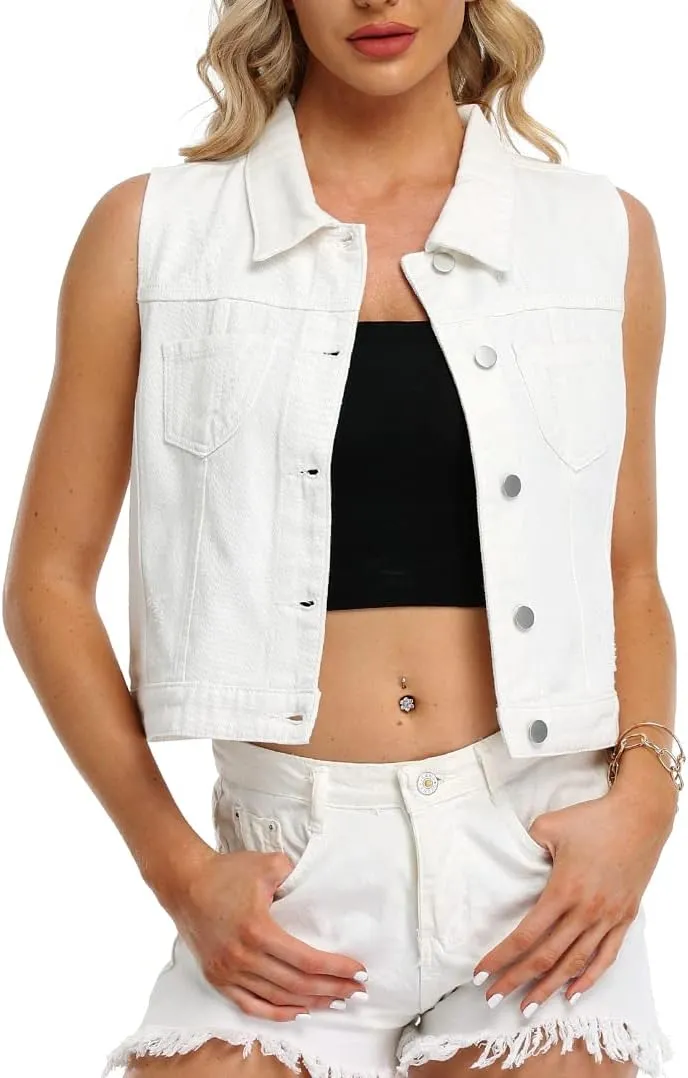 Womens Denim Jean Vest Classic Cropped Distressed Spread Collar Sleeveless Jean Jacket