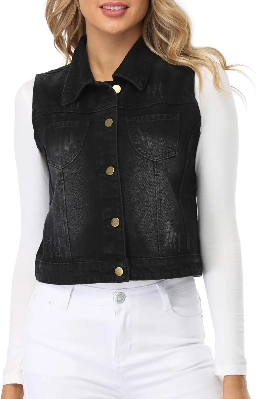 Womens Denim Jean Vest Classic Cropped Distressed Spread Collar Sleeveless Jean Jacket