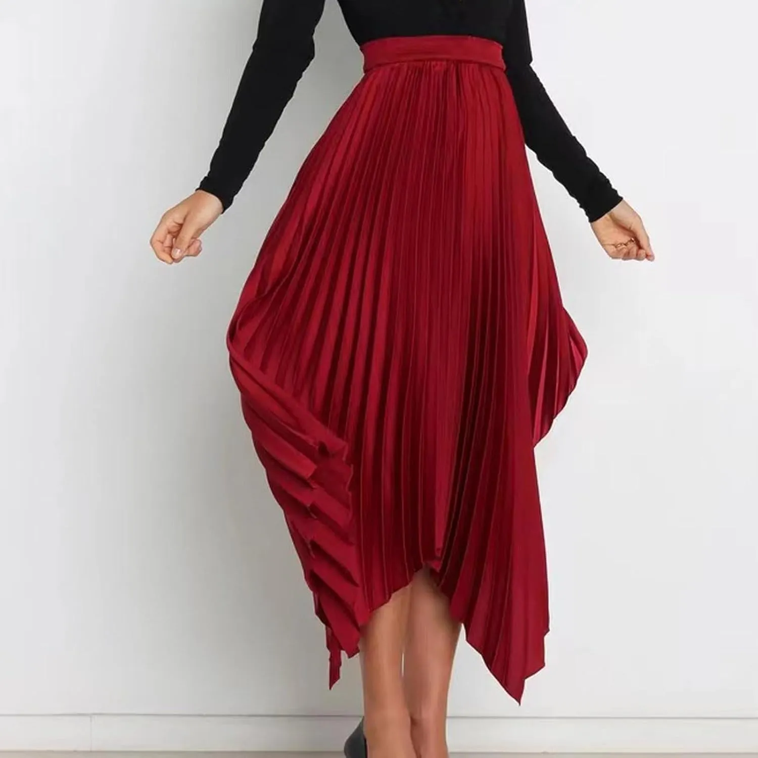 Women's Elegant Skirts High Waisted Pleated A Line Silk Skirts Irregular Flowy Work Skirts Casual Summer Midi Skirts