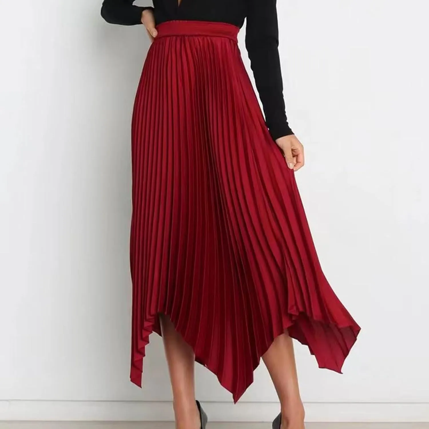 Women's Elegant Skirts High Waisted Pleated A Line Silk Skirts Irregular Flowy Work Skirts Casual Summer Midi Skirts