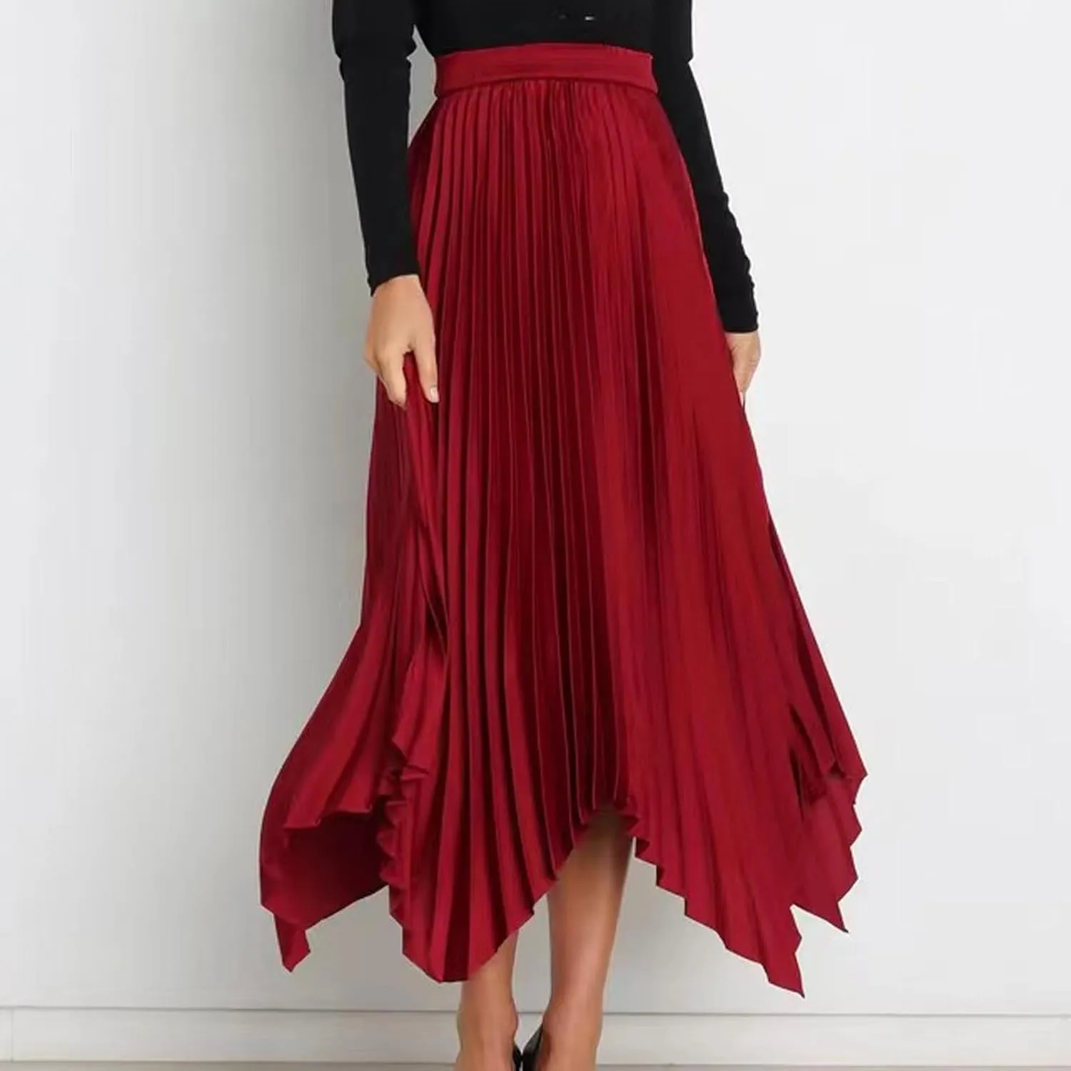 Women's Elegant Skirts High Waisted Pleated A Line Silk Skirts Irregular Flowy Work Skirts Casual Summer Midi Skirts
