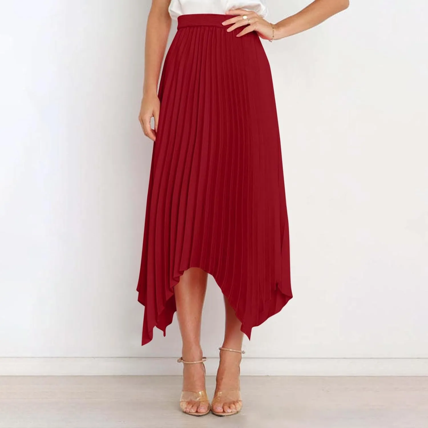 Women's Elegant Skirts High Waisted Pleated A Line Silk Skirts Irregular Flowy Work Skirts Casual Summer Midi Skirts