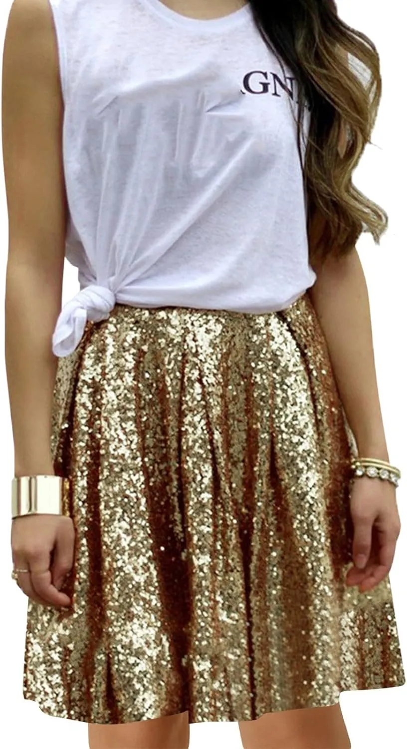 Women's Fashion High Waist Pleated Solid Color Short Skirt Loose Sequin Skirt Skirts for Women Knee Length with