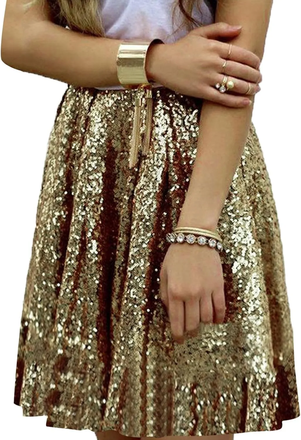 Women's Fashion High Waist Pleated Solid Color Short Skirt Loose Sequin Skirt Skirts for Women Knee Length with