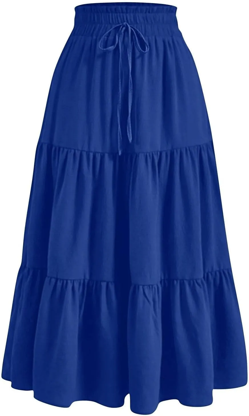 Womens High Elastic Waist Midi Skirt Summer Flowy Ruffle Pleated A line Skirts Lightweight Boho Tiered Skirt