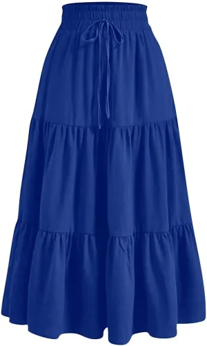 Womens High Elastic Waist Midi Skirt Summer Flowy Ruffle Pleated A line Skirts Lightweight Boho Tiered Skirt