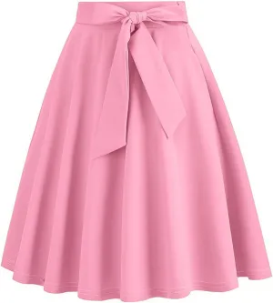 Women's High Waist A-Line Skirt Lace Up Flared Hepburn Midi Skirts Vintage Cocktail Party Swing Knee Length Skirt