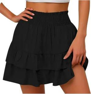 Women's High Waist Cotton Mini Skirts Flowy Ruffle Casual A-Line Short Skirt Summer Layered Pleated Beach Skirt