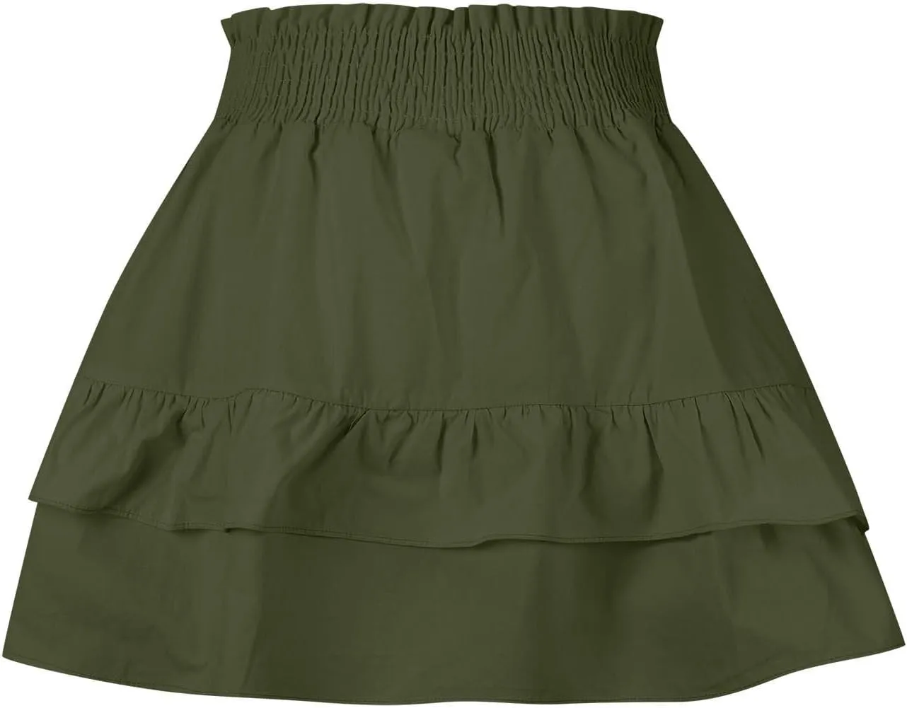 Women's High Waist Cotton Mini Skirts Flowy Ruffle Casual A-Line Short Skirt Summer Layered Pleated Beach Skirt