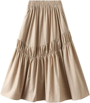 Women's High Waist Flared Skirt Casual Pleated Swing Midi Skirt Vintage Plain A-line Long Skirts with Pockets