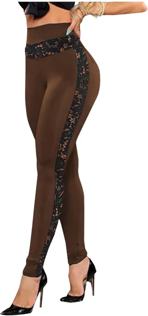 Womens High Waisted Leggings Casual Sexy Comfy Side Lace Mesh Sheer Tummy Control Stretchy Fitness Yoga Tights Pants