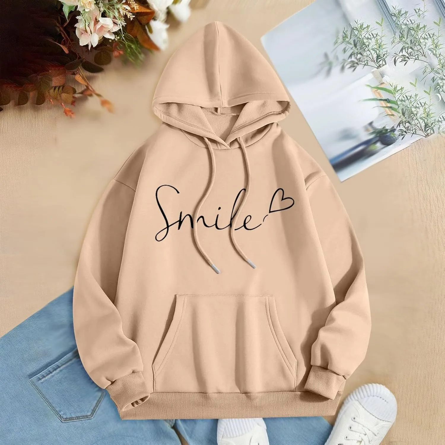 Womens Hooded Sweater Fashion Hoodies Oversized Sweatshirts Fall Pullover Loose Sweatshirt with Pocket Trendy