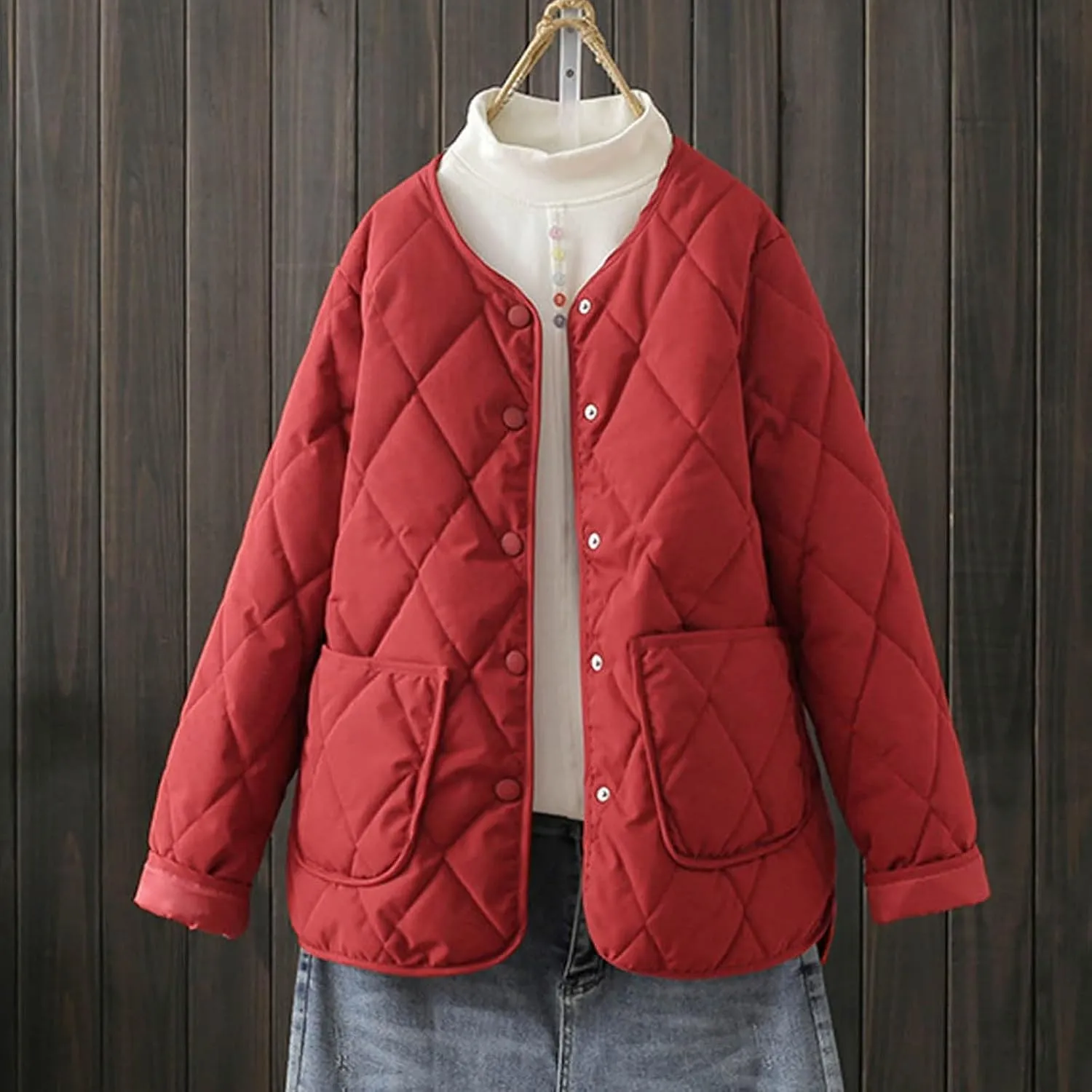 Womens jacket Womens Winter Coats Warmly Diamond Collarless Lightweight Quilted Short Cotton Padded Jacket