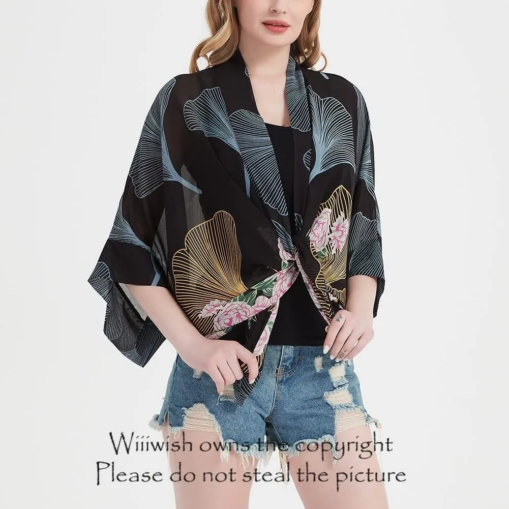 Women's Kimono Cardigans Camouflage Sheer Chiffon Blouse Boho Wrap Casual Coverup Loose Tops