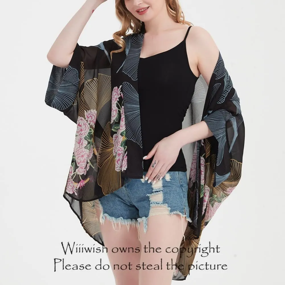 Women's Kimono Cardigans Camouflage Sheer Chiffon Blouse Boho Wrap Casual Coverup Loose Tops