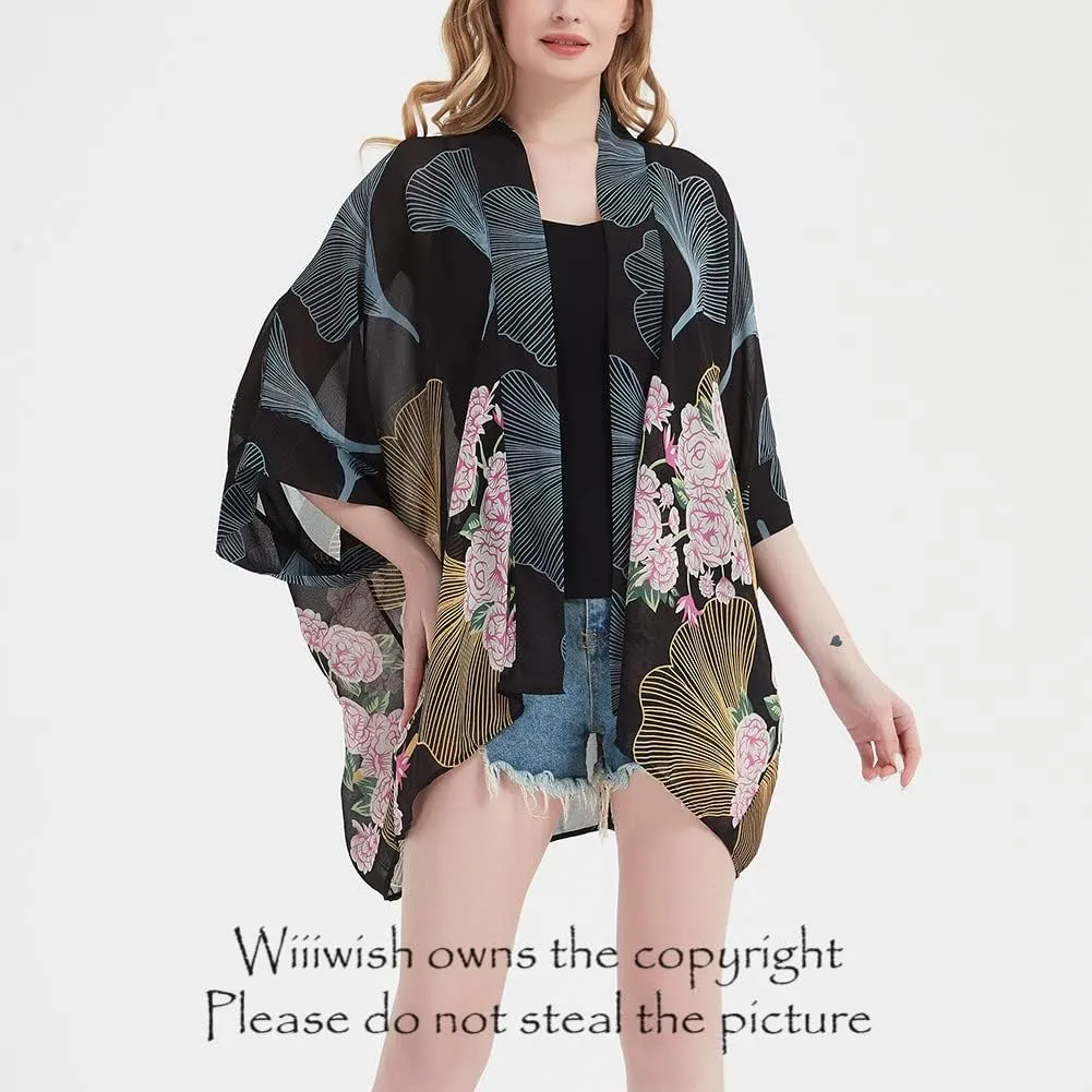 Women's Kimono Cardigans Camouflage Sheer Chiffon Blouse Boho Wrap Casual Coverup Loose Tops