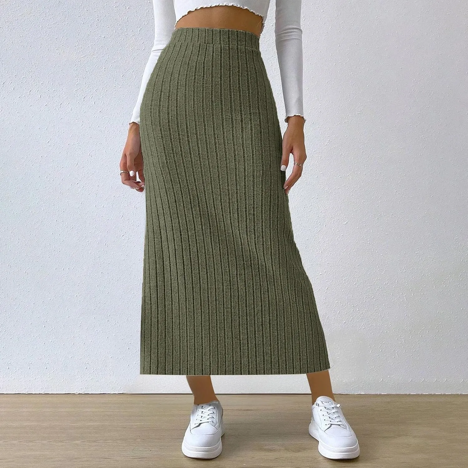 Women's Knitted Skirts Basic Fashion Elastic High Waisted Midi Long Bodycon Pencil Skirt Trendy Casual Spring Outfit