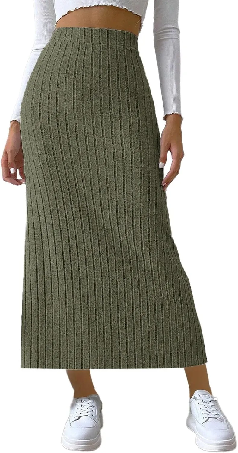 Women's Knitted Skirts Basic Fashion Elastic High Waisted Midi Long Bodycon Pencil Skirt Trendy Casual Spring Outfit