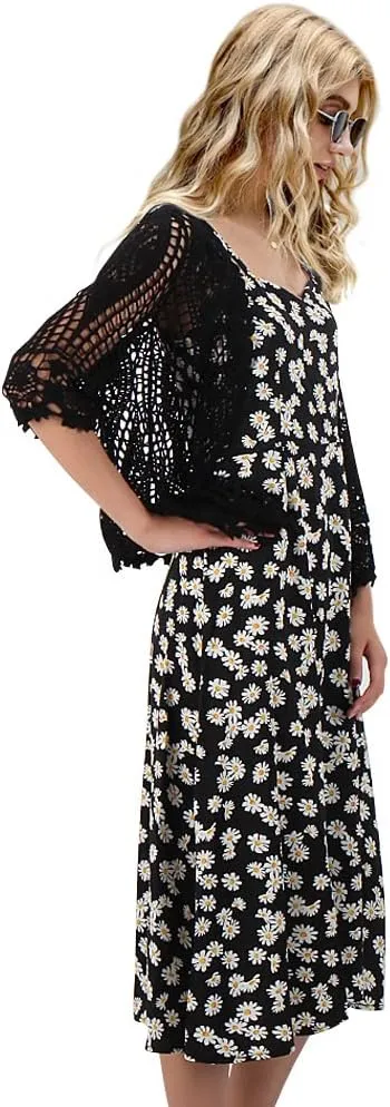 Women's Lace Cardigan Floral Crochet Sheer Beach Cover Ups Long Kimono with Half Sleeves
