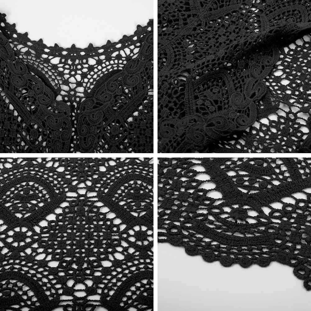 Women's Lace Cardigan Floral Crochet Sheer Beach Cover Ups Long Kimono with Half Sleeves