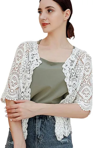 Women's Lace Cardigan Floral Crochet Sheer Beach Cover Ups Long Kimono with Half Sleeves