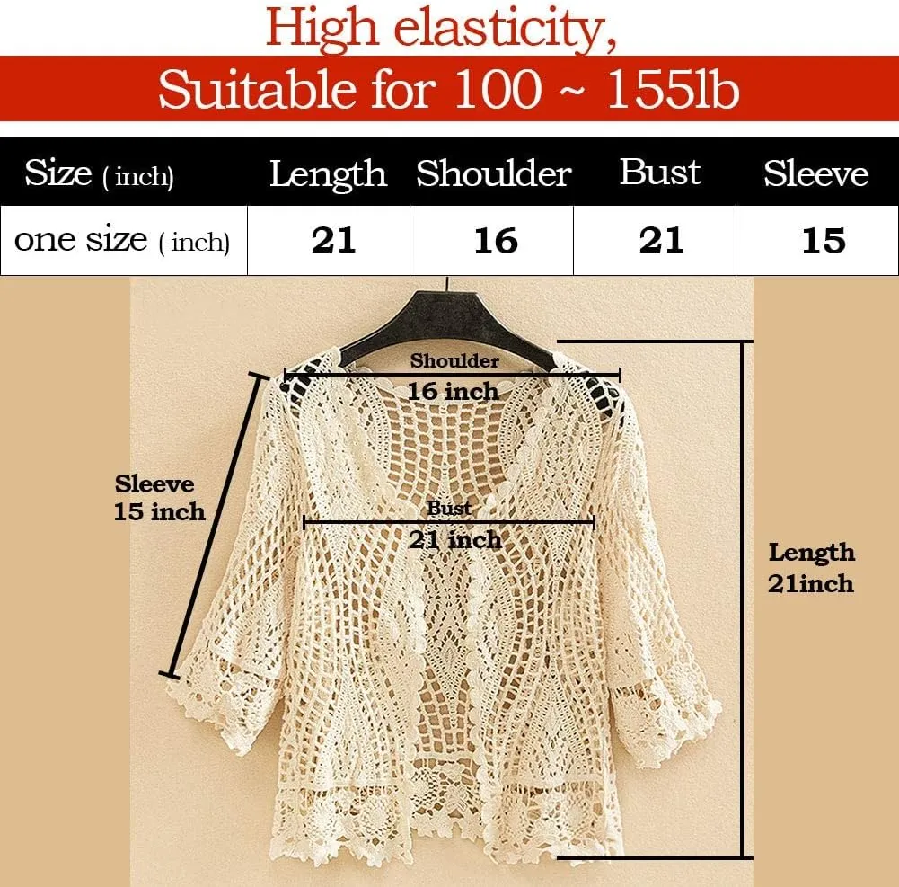 Women's Lace Cardigan Floral Crochet Sheer Beach Cover Ups Long Kimono with Half Sleeves