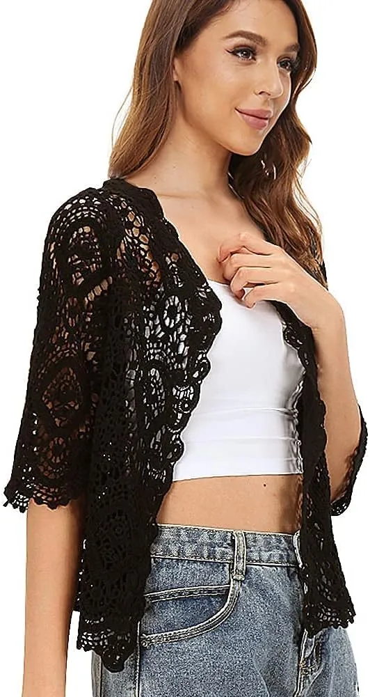 Women's Lace Cardigan Floral Crochet Sheer Beach Cover Ups Long Kimono with Half Sleeves