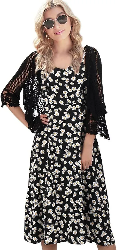 Women's Lace Cardigan Floral Crochet Sheer Beach Cover Ups Long Kimono with Half Sleeves