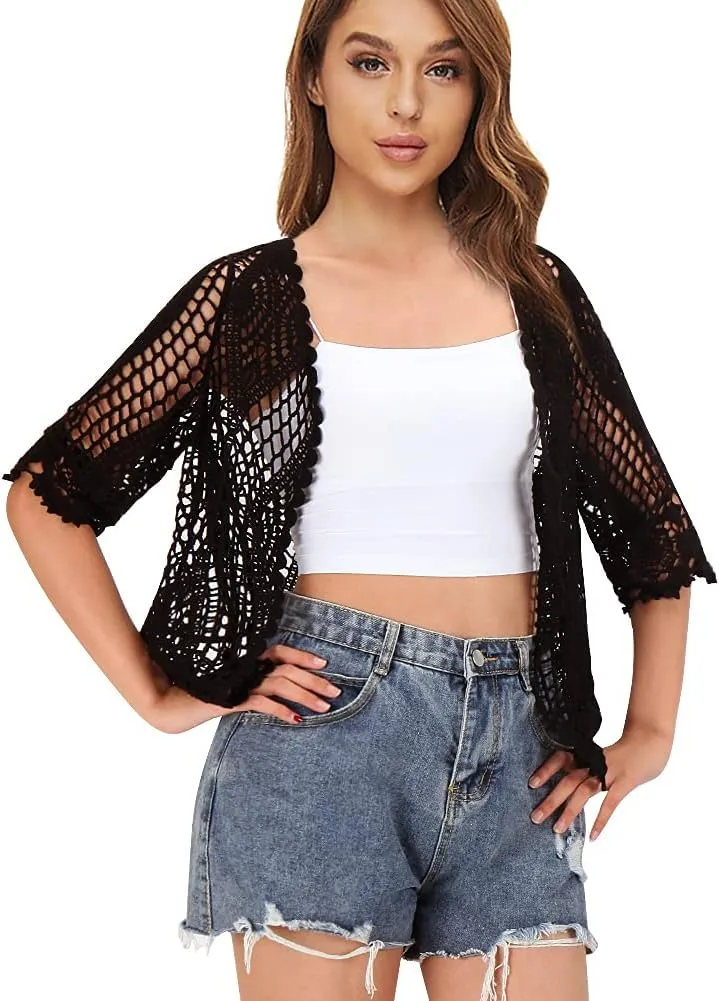 Women's Lace Cardigan Floral Crochet Sheer Beach Cover Ups Long Kimono with Half Sleeves