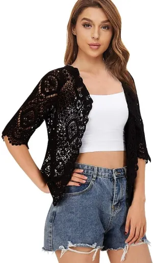 Women's Lace Cardigan Floral Crochet Sheer Beach Cover Ups Long Kimono with Half Sleeves