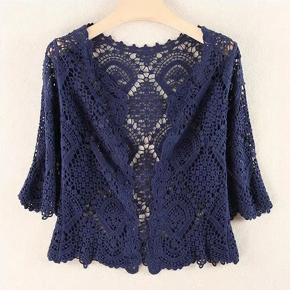 Women's Lace Cardigan Floral Crochet Sheer Beach Cover Ups Long Kimono with Half Sleeves