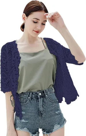 Women's Lace Cardigan Floral Crochet Sheer Beach Cover Ups Long Kimono with Half Sleeves