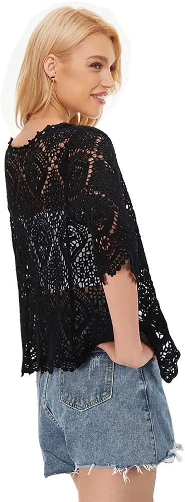 Women's Lace Cardigan Floral Crochet Sheer Beach Cover Ups Long Kimono with Half Sleeves