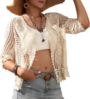 Women's Lace Cardigan Floral Crochet Sheer Beach Cover Ups Long Kimono with Half Sleeves