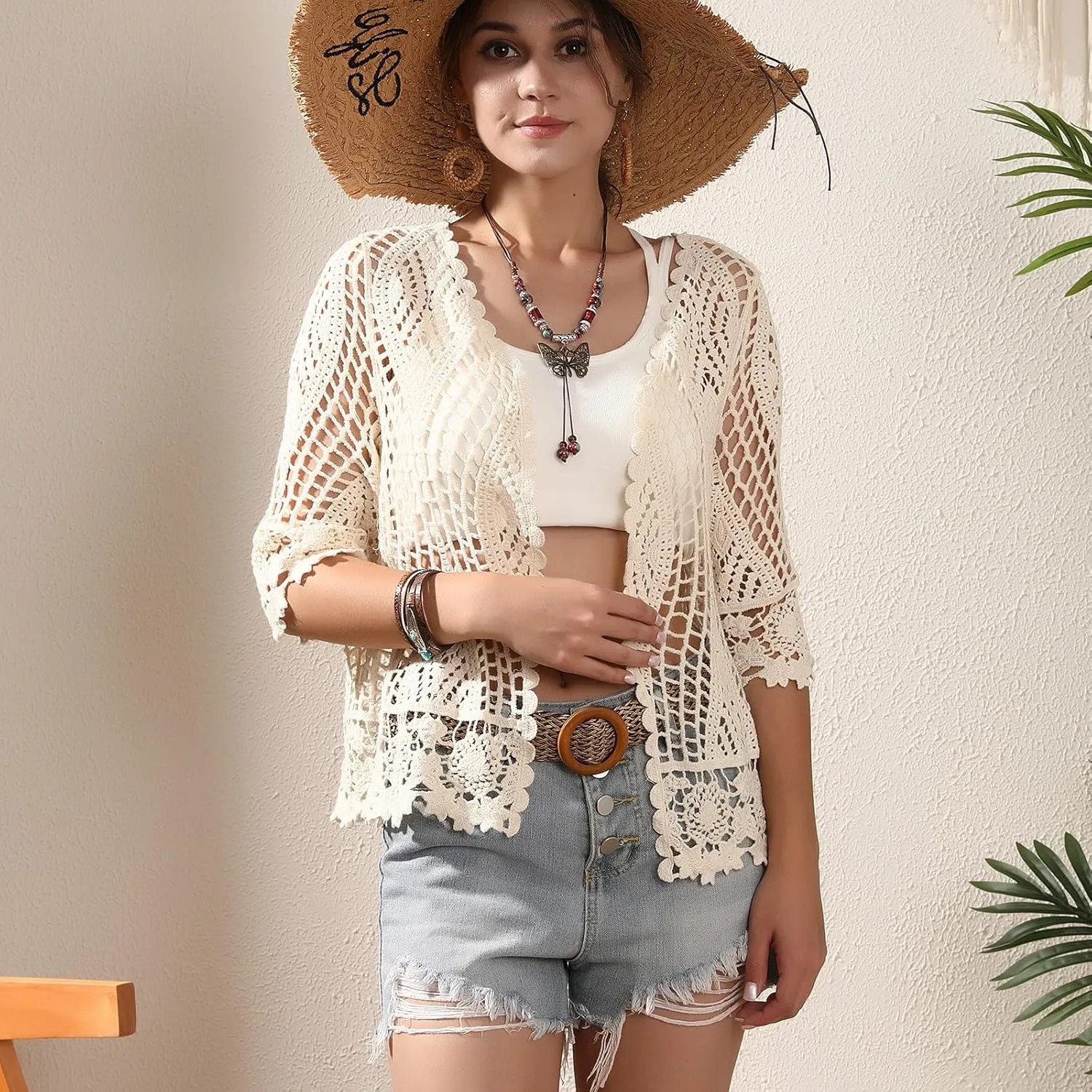 Women's Lace Cardigan Floral Crochet Sheer Beach Cover Ups Long Kimono with Half Sleeves
