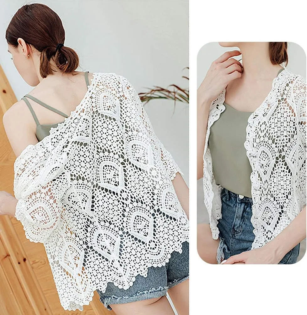 Women's Lace Cardigan Floral Crochet Sheer Beach Cover Ups Long Kimono with Half Sleeves
