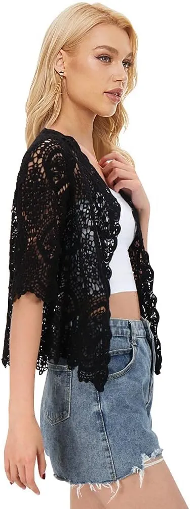 Women's Lace Cardigan Floral Crochet Sheer Beach Cover Ups Long Kimono with Half Sleeves