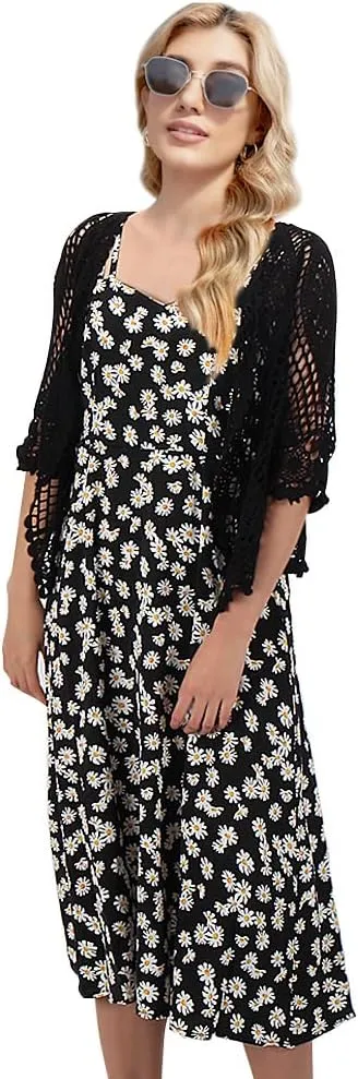 Women's Lace Cardigan Floral Crochet Sheer Beach Cover Ups Long Kimono with Half Sleeves
