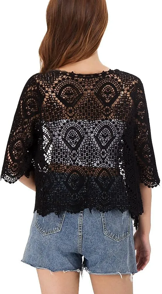 Women's Lace Cardigan Floral Crochet Sheer Beach Cover Ups Long Kimono with Half Sleeves
