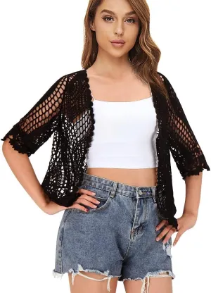 Women's Lace Cardigan Floral Crochet Sheer Beach Cover Ups Long Kimono with Half Sleeves