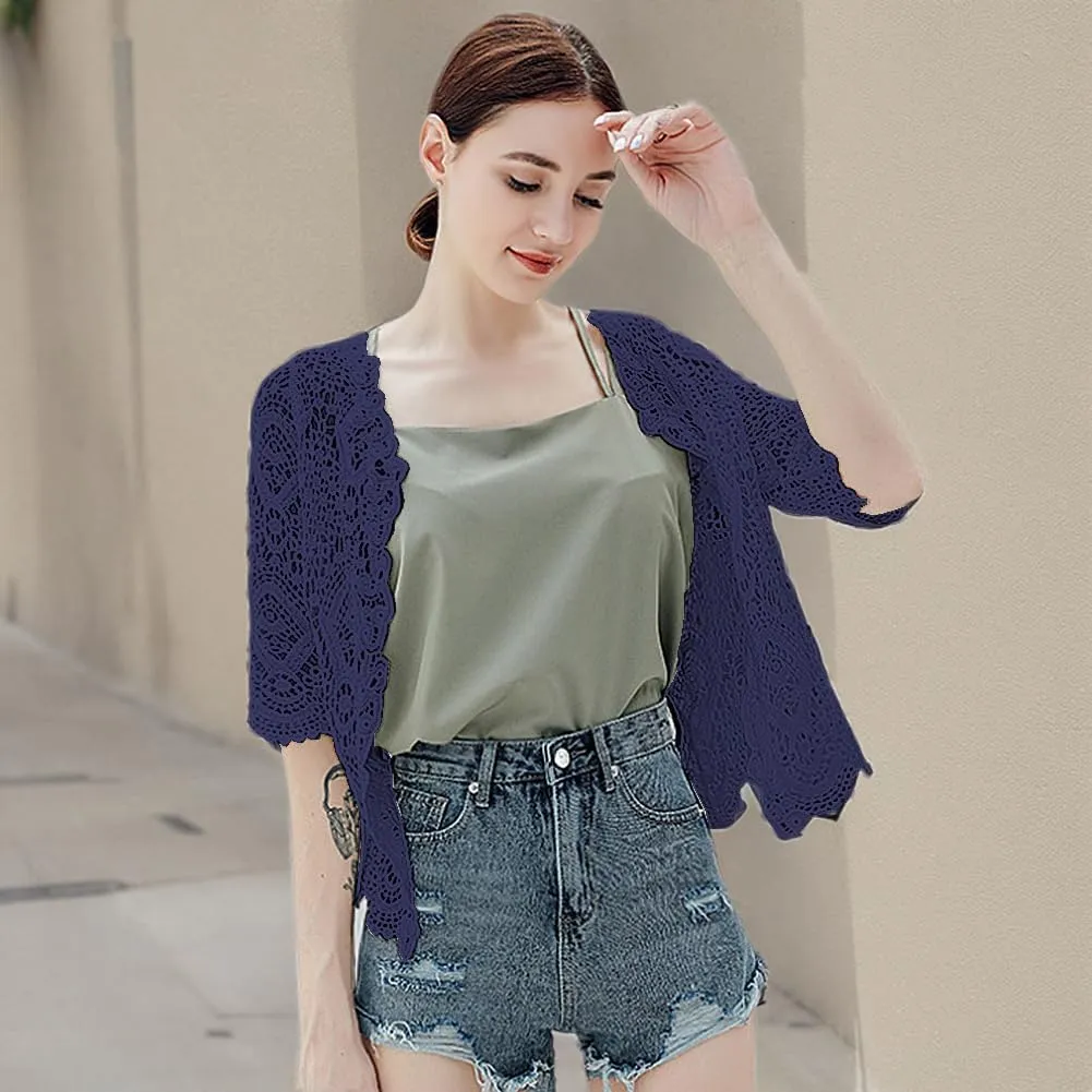 Women's Lace Cardigan Floral Crochet Sheer Beach Cover Ups Long Kimono with Half Sleeves