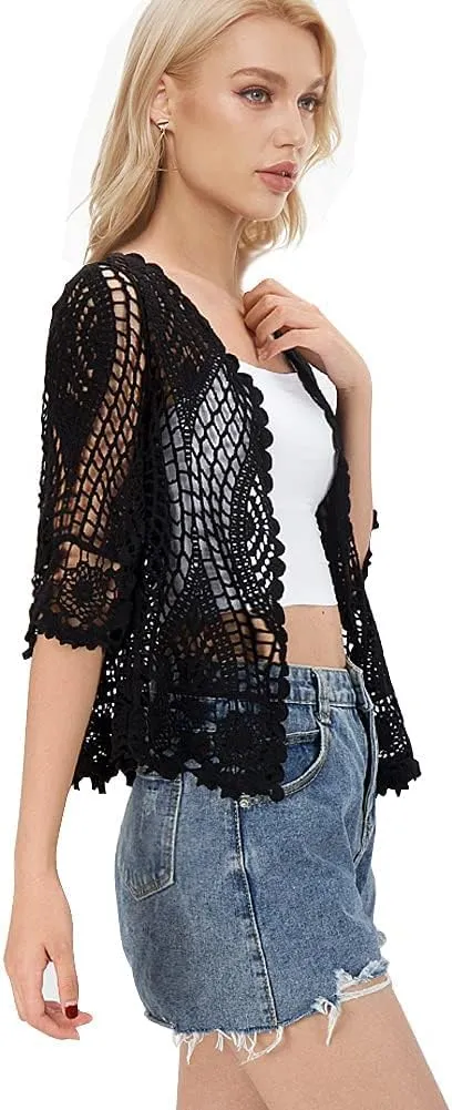 Women's Lace Cardigan Floral Crochet Sheer Beach Cover Ups Long Kimono with Half Sleeves