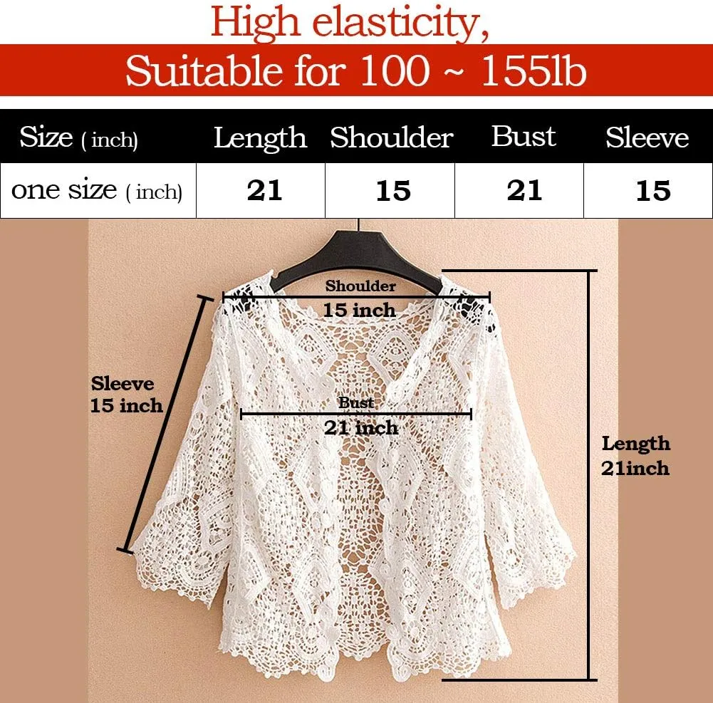 Women's Lace Cardigan Floral Crochet Sheer Beach Cover Ups Long Kimono with Half Sleeves