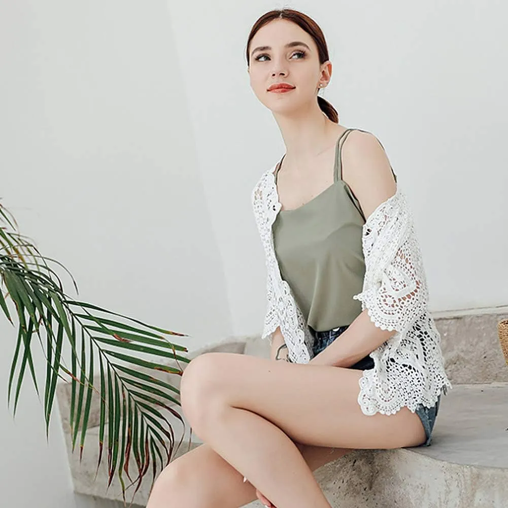 Women's Lace Cardigan Floral Crochet Sheer Beach Cover Ups Long Kimono with Half Sleeves