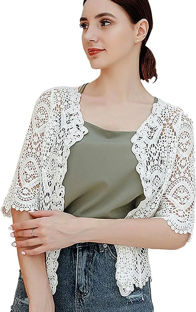 Women's Lace Cardigan Floral Crochet Sheer Beach Cover Ups Long Kimono with Half Sleeves