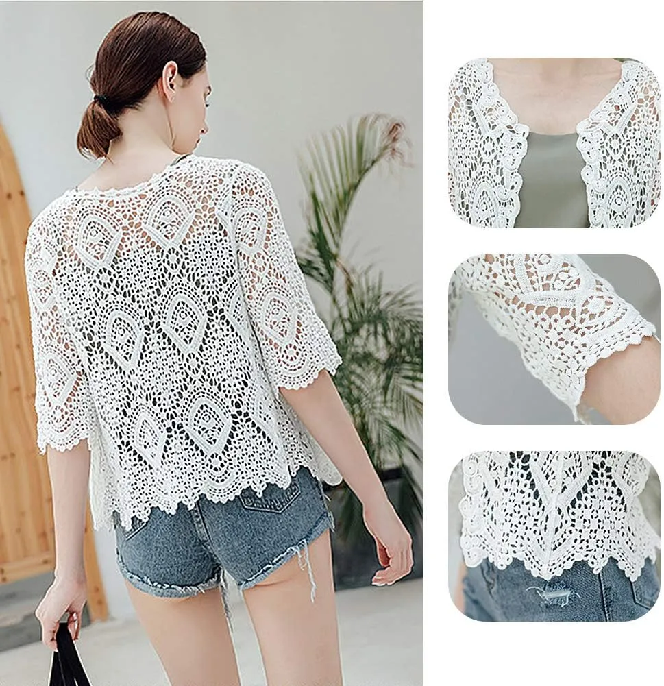Women's Lace Cardigan Floral Crochet Sheer Beach Cover Ups Long Kimono with Half Sleeves