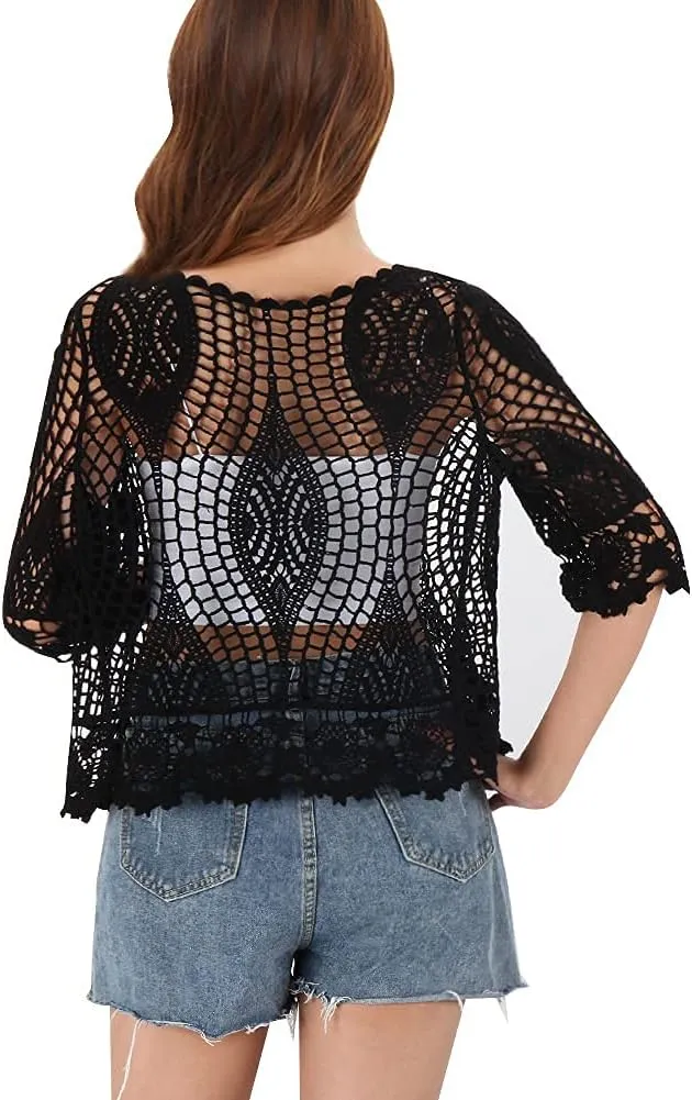 Women's Lace Cardigan Floral Crochet Sheer Beach Cover Ups Long Kimono with Half Sleeves