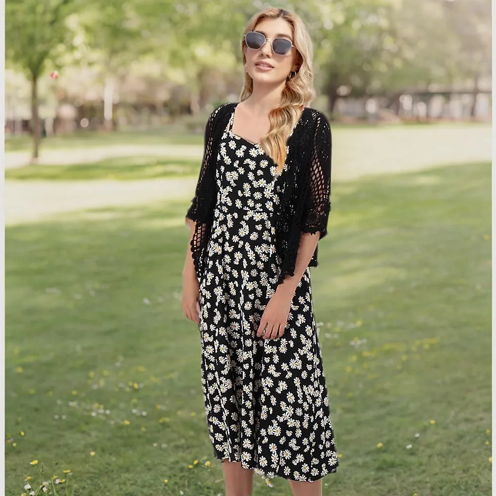 Women's Lace Cardigan Floral Crochet Sheer Beach Cover Ups Long Kimono with Half Sleeves