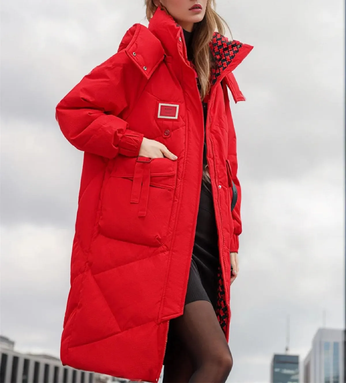 Women's Lace-Up Pocket Long Parkas Coats Vintage Hooded Detachable Hat Cotton-Padded Jacket