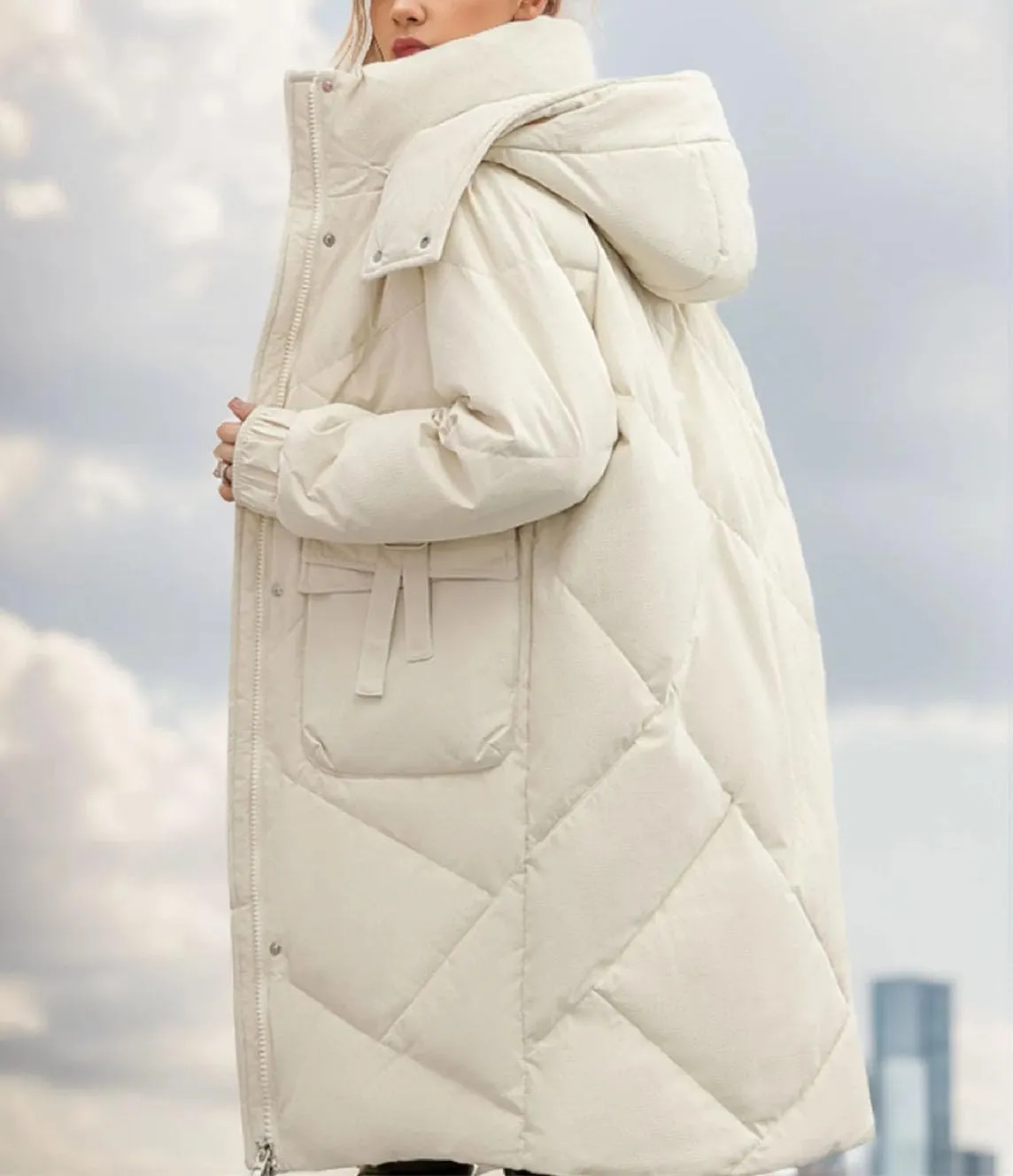 Women's Lace-Up Pocket Long Parkas Coats Vintage Hooded Detachable Hat Cotton-Padded Jacket